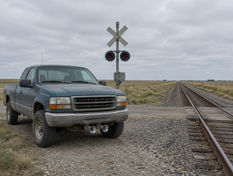 Pickup truck with chrome air-horn trumpets parked by a rural level crossing, rails running across open grassland.