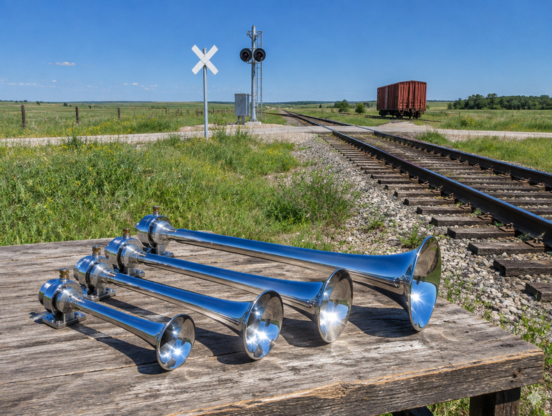 Four chrome air-horn trumpets of different lengths on a workbench beside railroad tracks and a crossbuck on a sunny day.