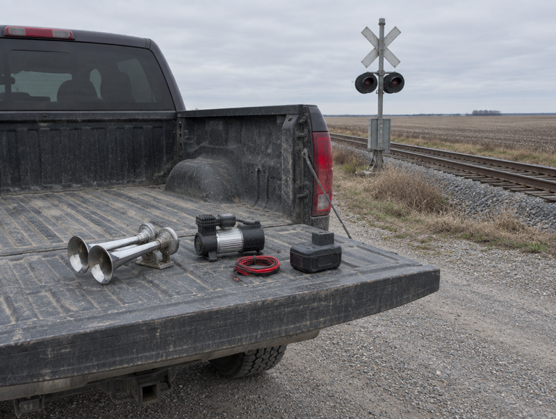 Train horn, compressor and grey cordless tool battery on a pickup tailgate beside a rural level crossing.