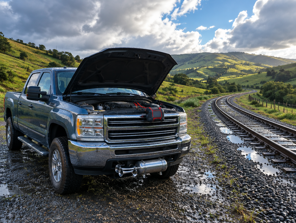 Pickup truck with its hood open and a jump starter attached, beside a wet single-track railway curving through green hills