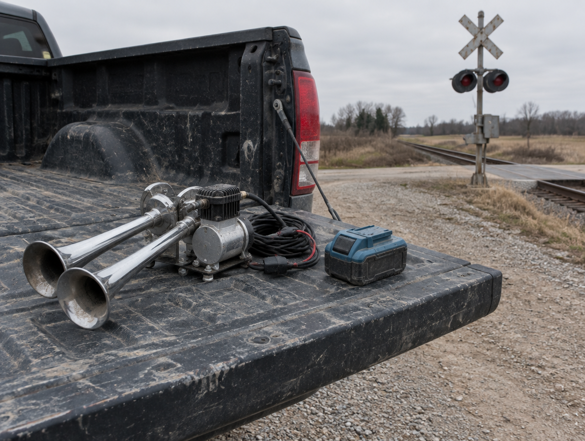 A cordless tool battery and train horn on a pickup tailgate beside a rural railway crossing on an overcast day.