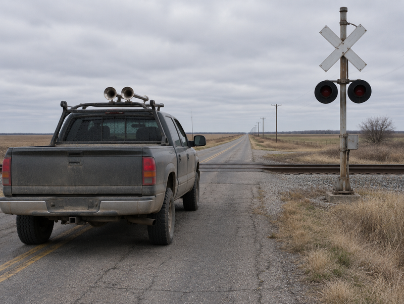 A dusty pickup truck with roof-mounted air horns waits at a rural level crossing on an overcast day.