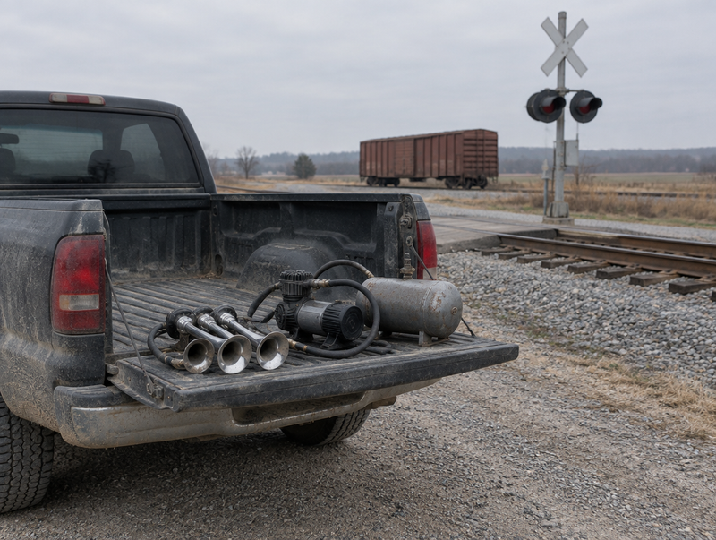 Portable train horn kit on a dusty pickup tailgate beside a rural level crossing with a freight boxcar behind.