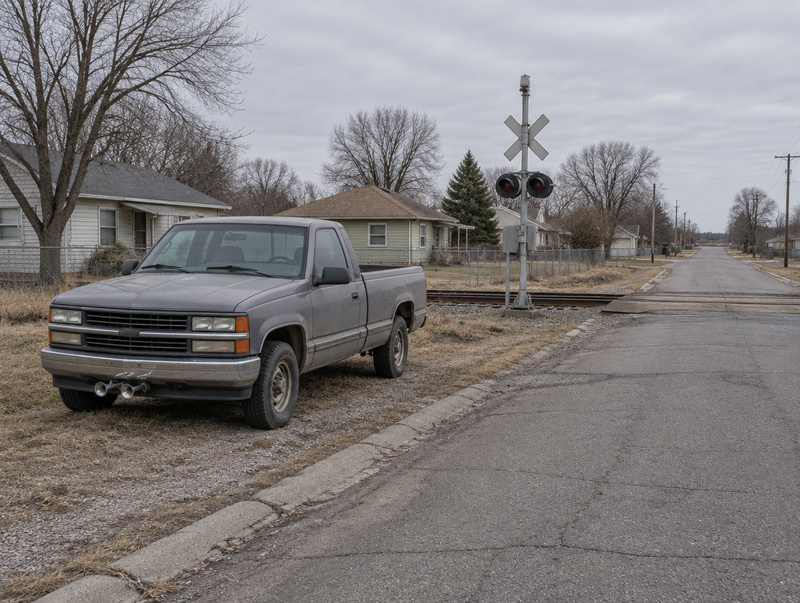 A dusty pickup truck with small horn trumpets parked near a level crossing at the end of a quiet residential street.