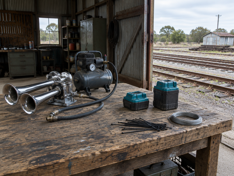 Train horn, compressor and two teal-and-black tool batteries on a dusty bench in a railway shed beside the track