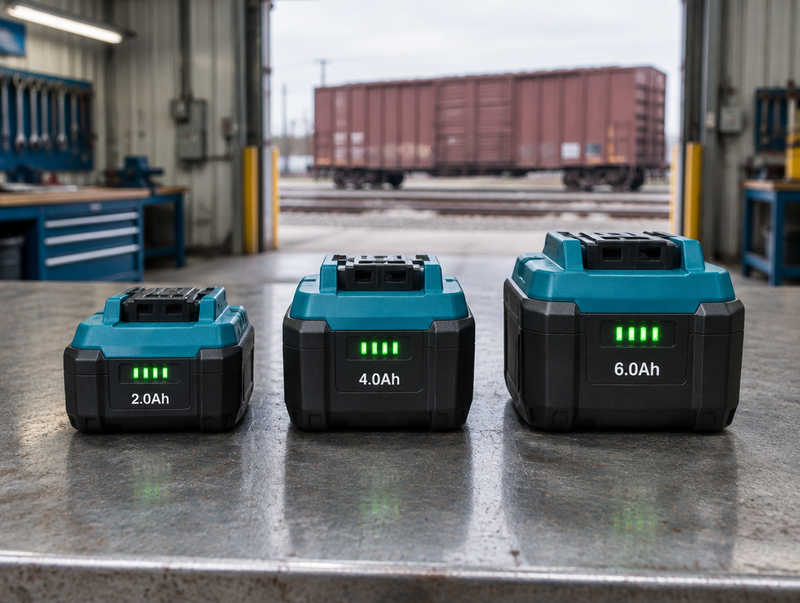 Three teal battery packs labelled 2.0Ah, 4.0Ah and 6.0Ah on a bench, boxcar through the open door