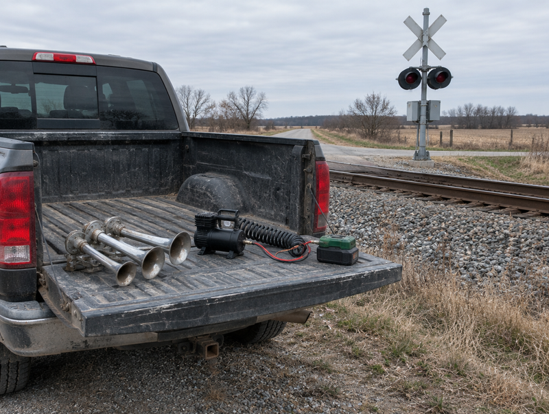 A pickup with its tailgate down beside a level crossing, holding air horns, a compressor and a green tool battery.