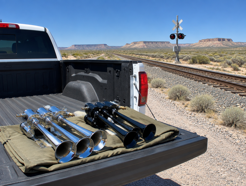 Chrome metal and black plastic train horn trumpets on a pickup tailgate beside a desert railway line under blue sky