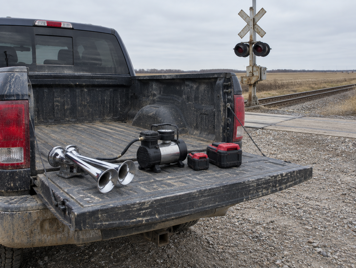 Pickup tailgate at a rural level crossing holding a train horn, a small compressor and two red-and-black tool batteries.