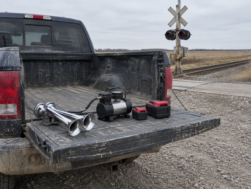 Pickup tailgate at a rural level crossing holding a train horn, a small compressor and two red-and-black tool batteries.