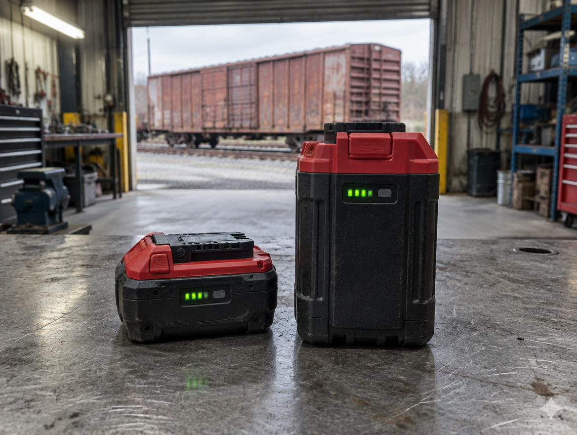 A compact and a tall red-housed battery pack on a bench in a rail shed, boxcar visible through the door