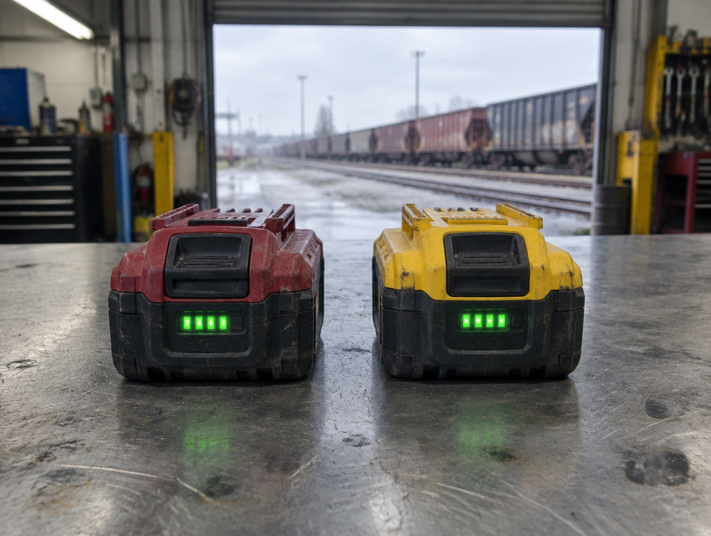 A red-housed and a yellow-housed battery pack side by side on a bench in a rail depot