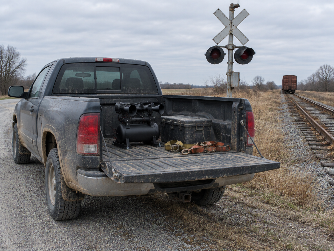 A dusty pickup parked by a rural level crossing, with a compact black air horn unit bolted into its open truck bed.
