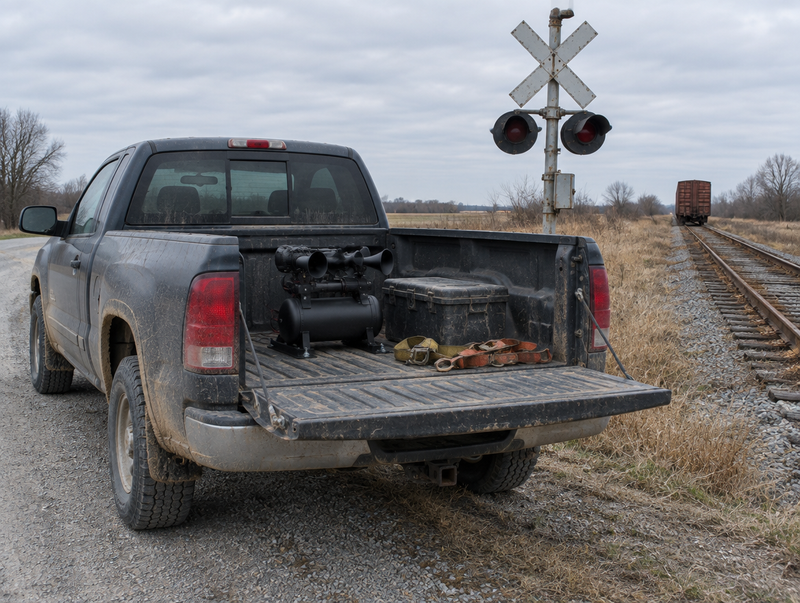 A dusty pickup parked by a rural level crossing, with a compact black air horn unit bolted into its open truck bed.