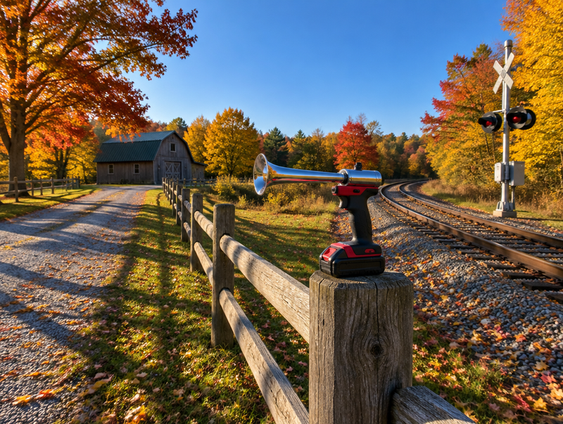 Battery train horn on a fence post at a rural property beside a railway line on a sunny autumn day.