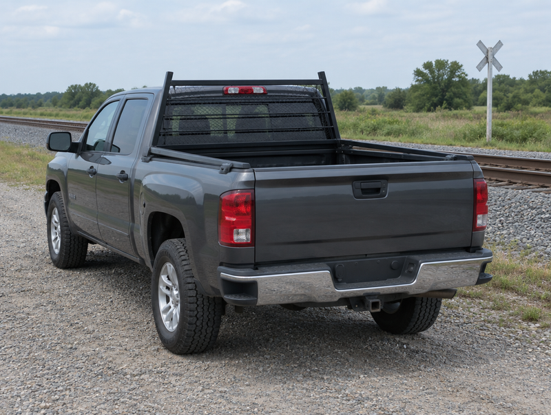 A pickup truck parked beside a railway track, rear three-quarter view showing the open bed and bed rails