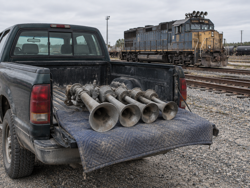 A pickup truck by a rail yard with a five-bell train horn on its tailgate and a diesel locomotive behind it
