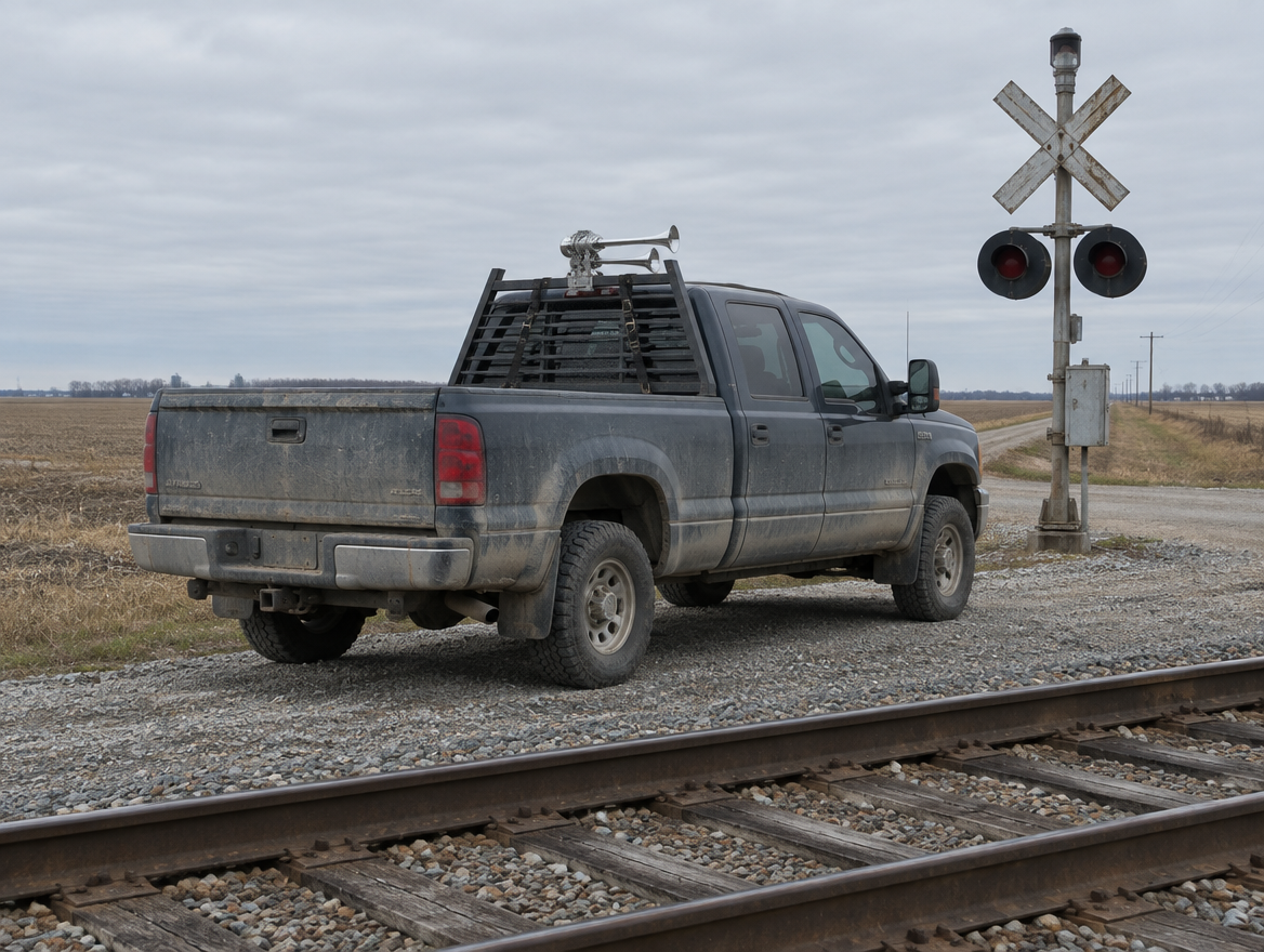 Pickup truck by a level crossing with a chrome air horn strapped and clamped to its rear rack.
