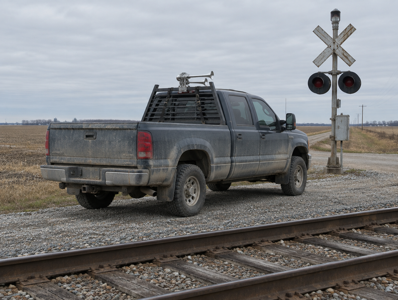 Pickup truck by a level crossing with a chrome air horn strapped and clamped to its rear rack.
