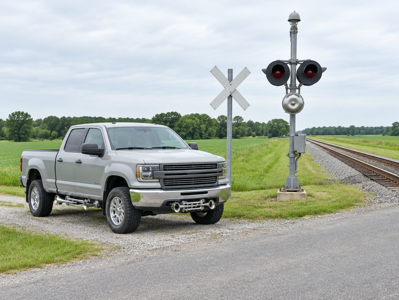 A clean pickup truck with two sets of chrome train horns parked beside a rural railroad crossing with a crossbuck and signals.