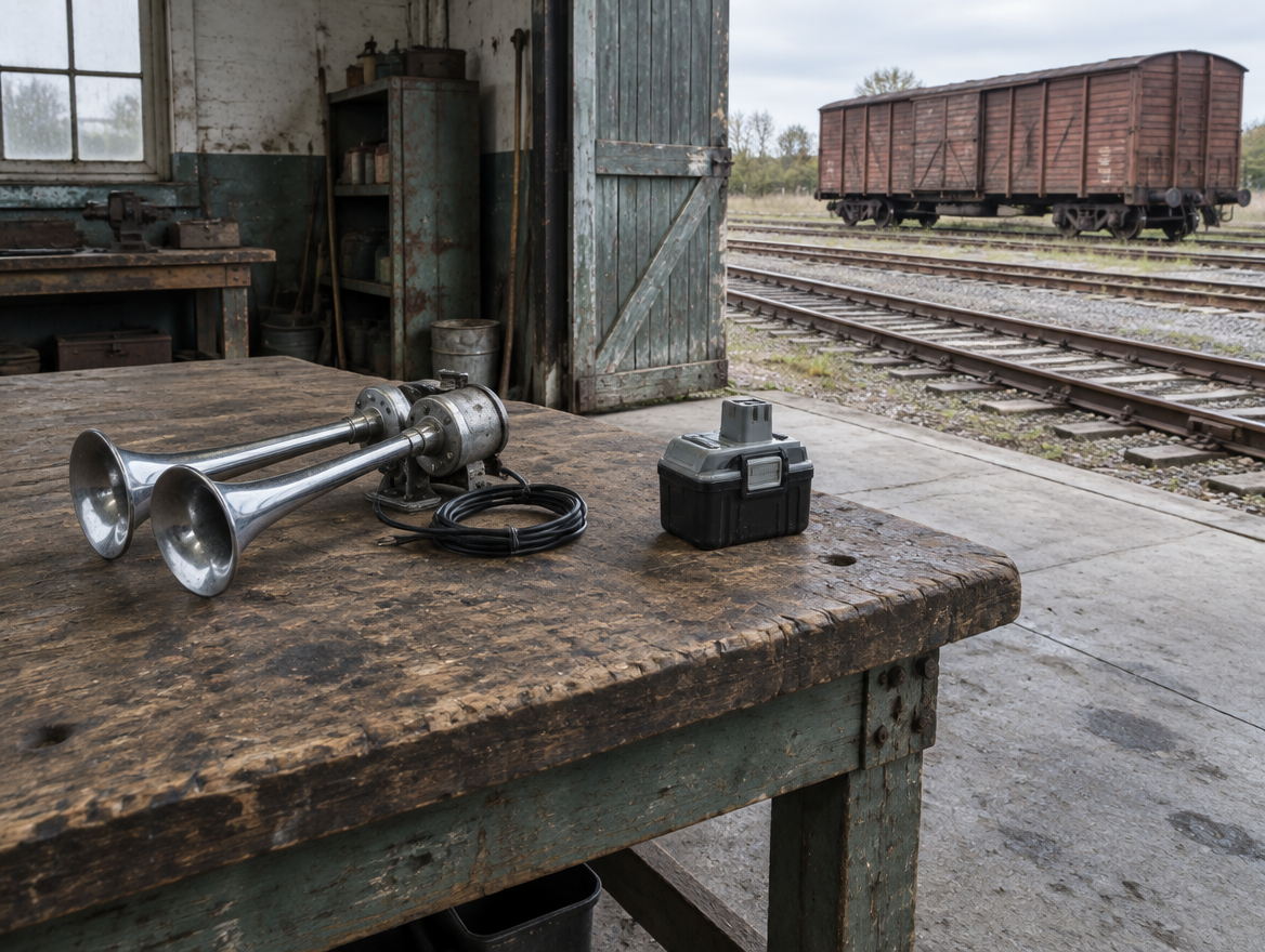 A chrome train horn and grey cordless tool battery on a shed workbench, with rails and a boxcar outside the door.