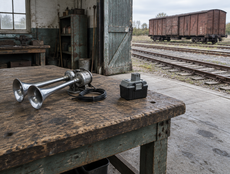 A chrome train horn and grey cordless tool battery on a shed workbench, with rails and a boxcar outside the door.