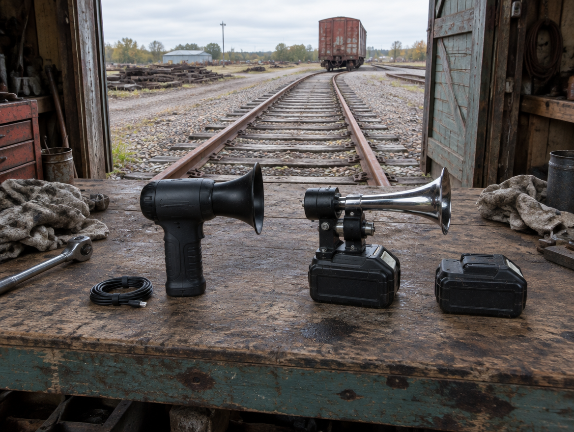 A sealed handheld horn and a tool-battery horn on a dusty workbench in a railway shed, with track outside the open door.