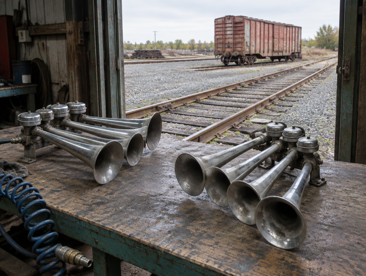 A four-trumpet and a five-trumpet chrome train horn on a dusty bench inside a railway shed with track outside the door.