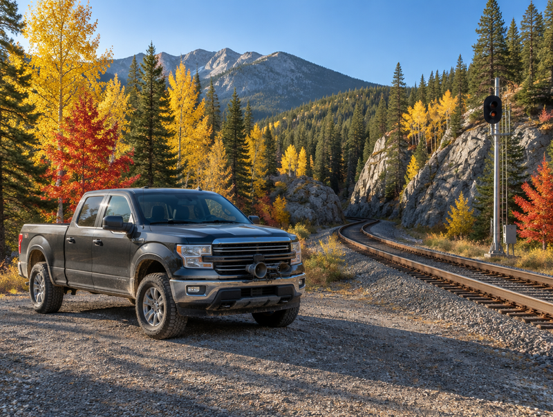 A clean pickup truck parked beside a mountain railway that curves through a rocky cutting and autumn pine forest.
