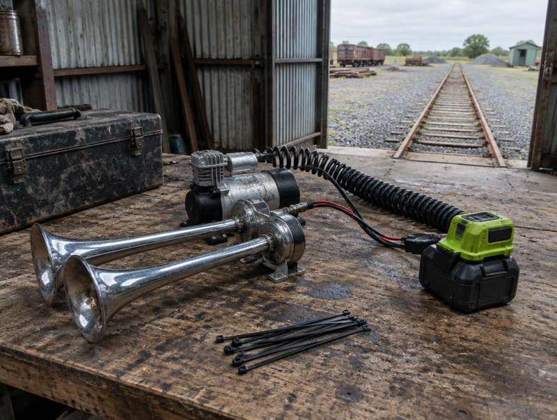 Chrome train horn wired to a lime green 18V tool battery on a dusty workbench in a railway shed with track outside.