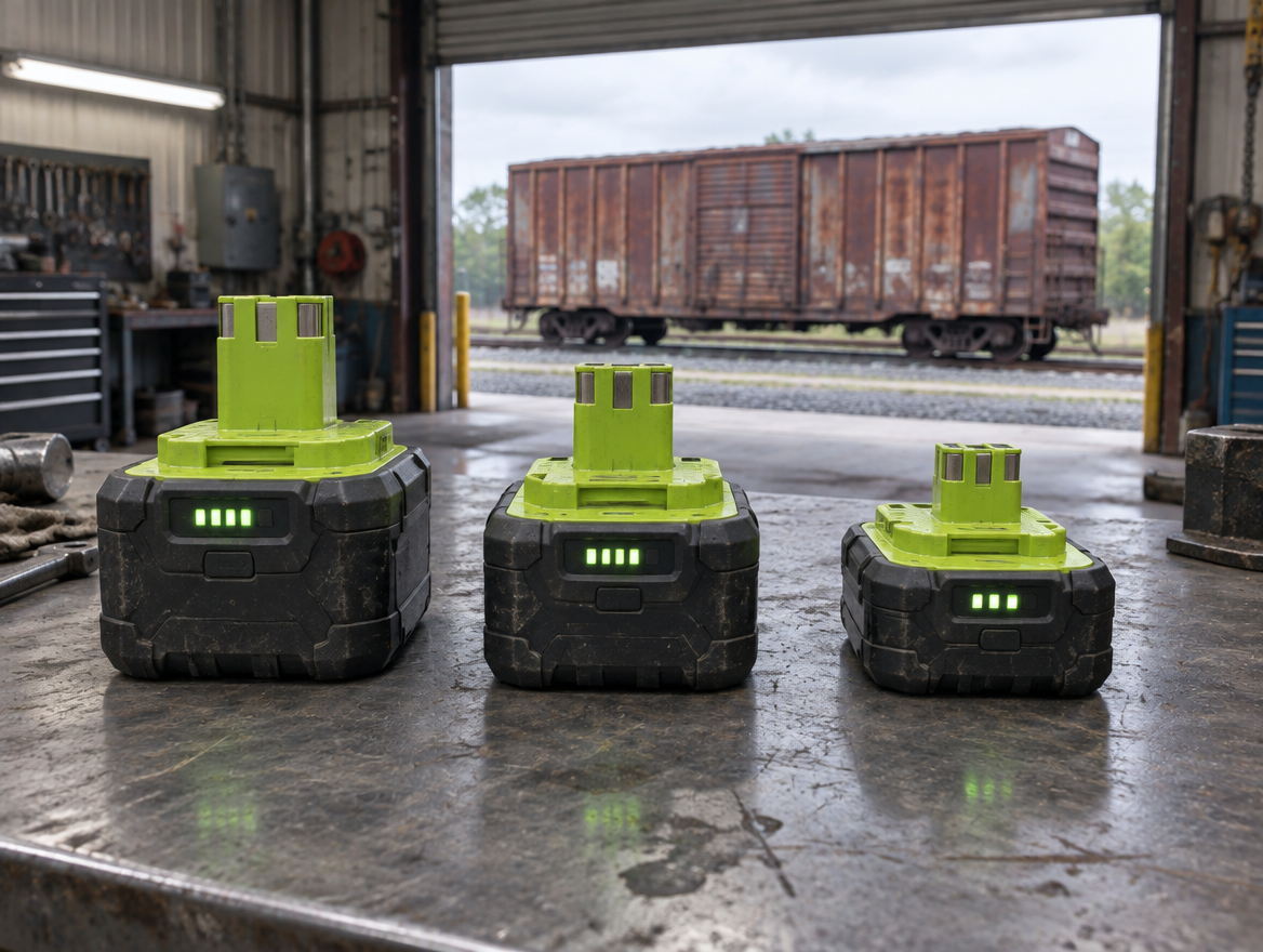 Three lime-green 18V battery packs on a workbench in a rail depot, a freight boxcar through the open door
