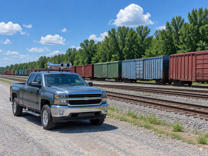 A pickup truck with two chrome air horn trumpets on its roof, parked beside a sunny freight yard full of boxcars.