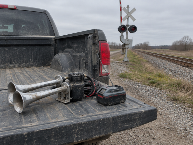 Train horn, compressor and a grey-and-red cordless tool battery on a pickup tailgate by a rural level crossing