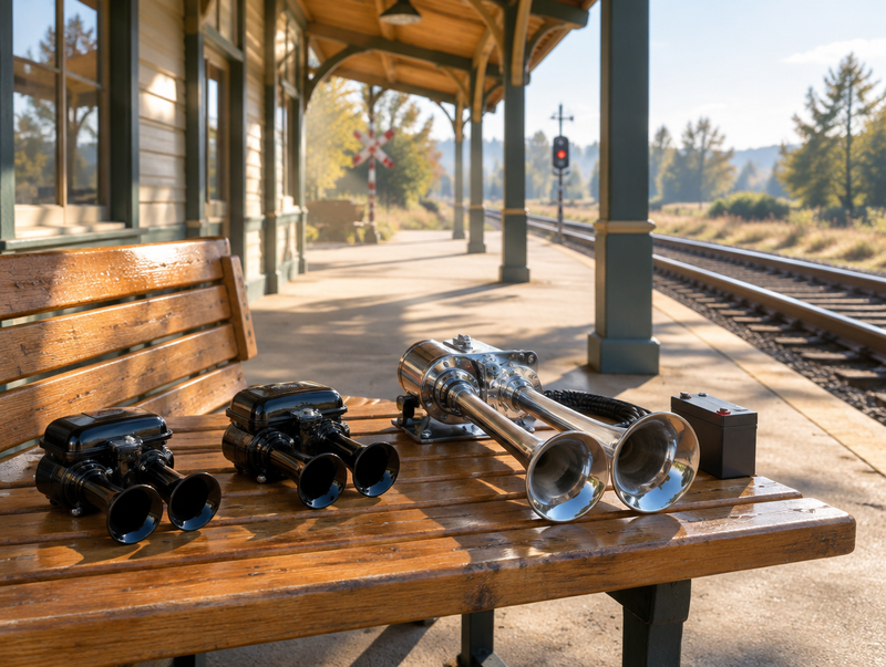 Two compact electric air horns and a chrome train horn on a sunlit station platform bench, rails in the background.
