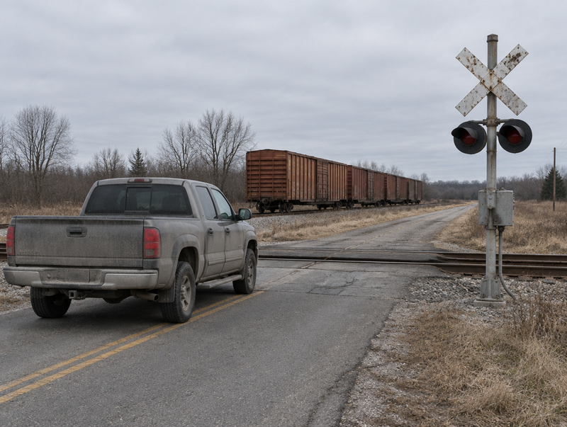 A dusty pickup truck stopped at a rural level crossing with a crossbuck, signal mast and freight boxcars beyond.