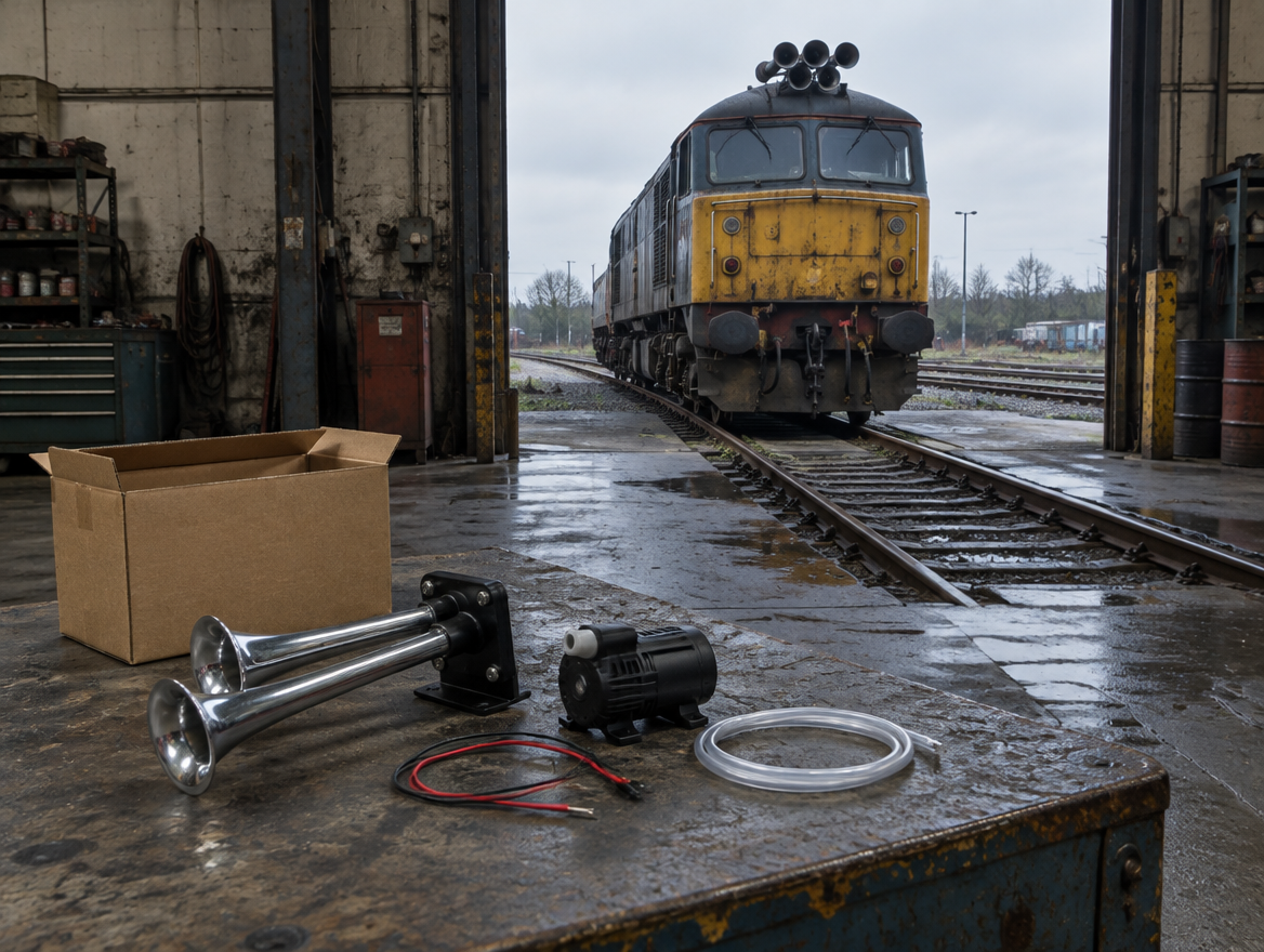 A cheap plastic air-horn kit on a dusty shed workbench, with a diesel locomotive on the track outside the open door.