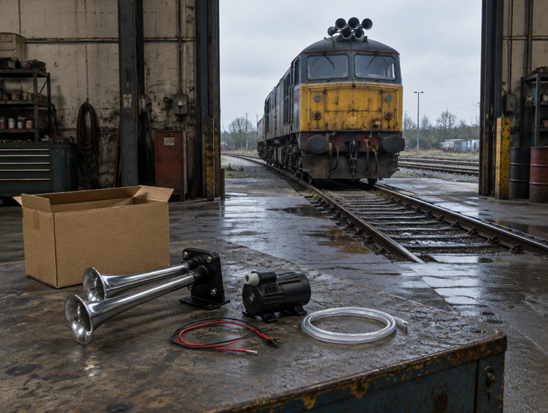 A cheap plastic air-horn kit on a dusty shed workbench, with a diesel locomotive on the track outside the open door.