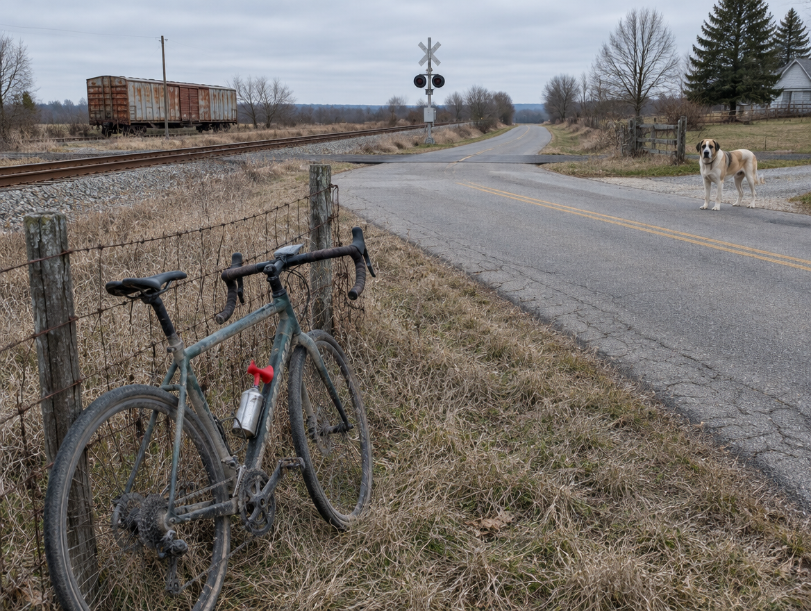 A bicycle leans on a farm fence by a country road and rail line while a loose dog watches from a driveway.