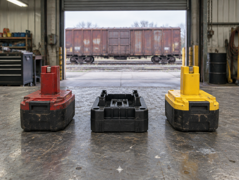 Two battery packs with different coloured housings either side of a moulded adapter block on a workbench, boxcar through the door