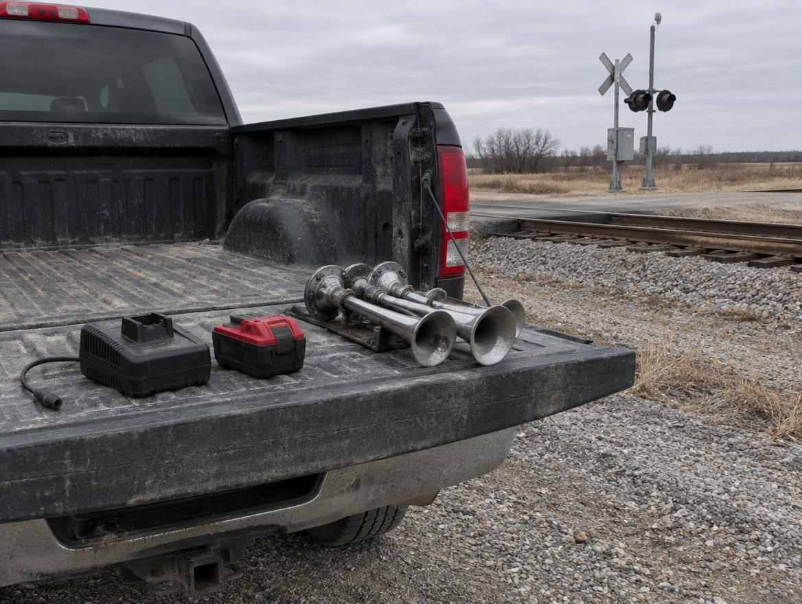 Pickup tailgate beside a level crossing with a train horn, a red and black tool battery, and a charger laid out.