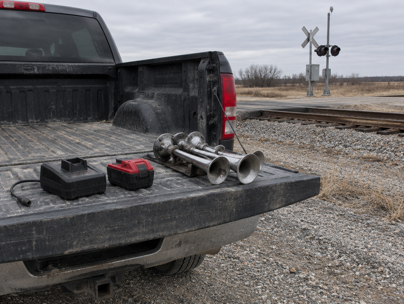 Pickup tailgate beside a level crossing with a train horn, a red and black tool battery, and a charger laid out.