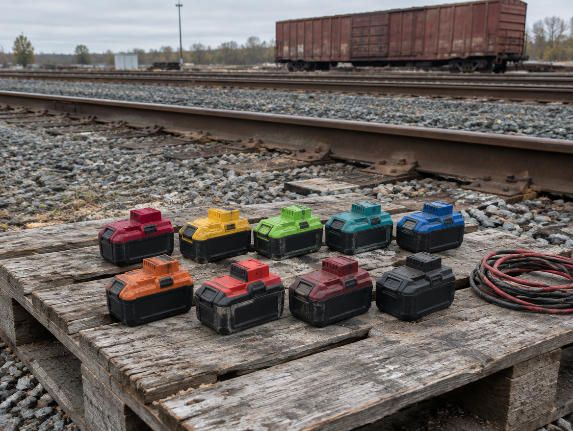 Rows of cordless tool battery packs in many colours on a dusty pallet beside the tracks in a rail yard.