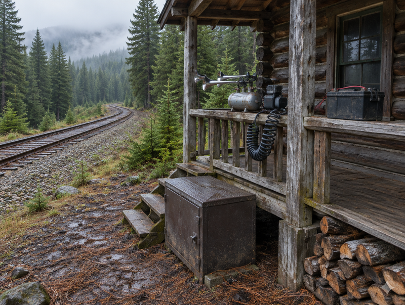 Log cabin by a forest rail line, with an air horn, air tank and compressor on the porch rail
