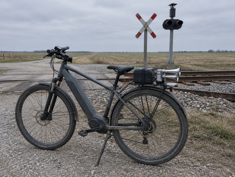 An e-bike with a chrome twin-trumpet horn on its rear rack, parked beside a rural level crossing.