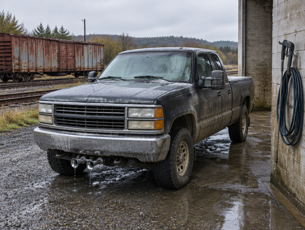 A dusty pickup with chrome air horns under its bumper sits by a wash bay, with rail tracks and a boxcar behind it.