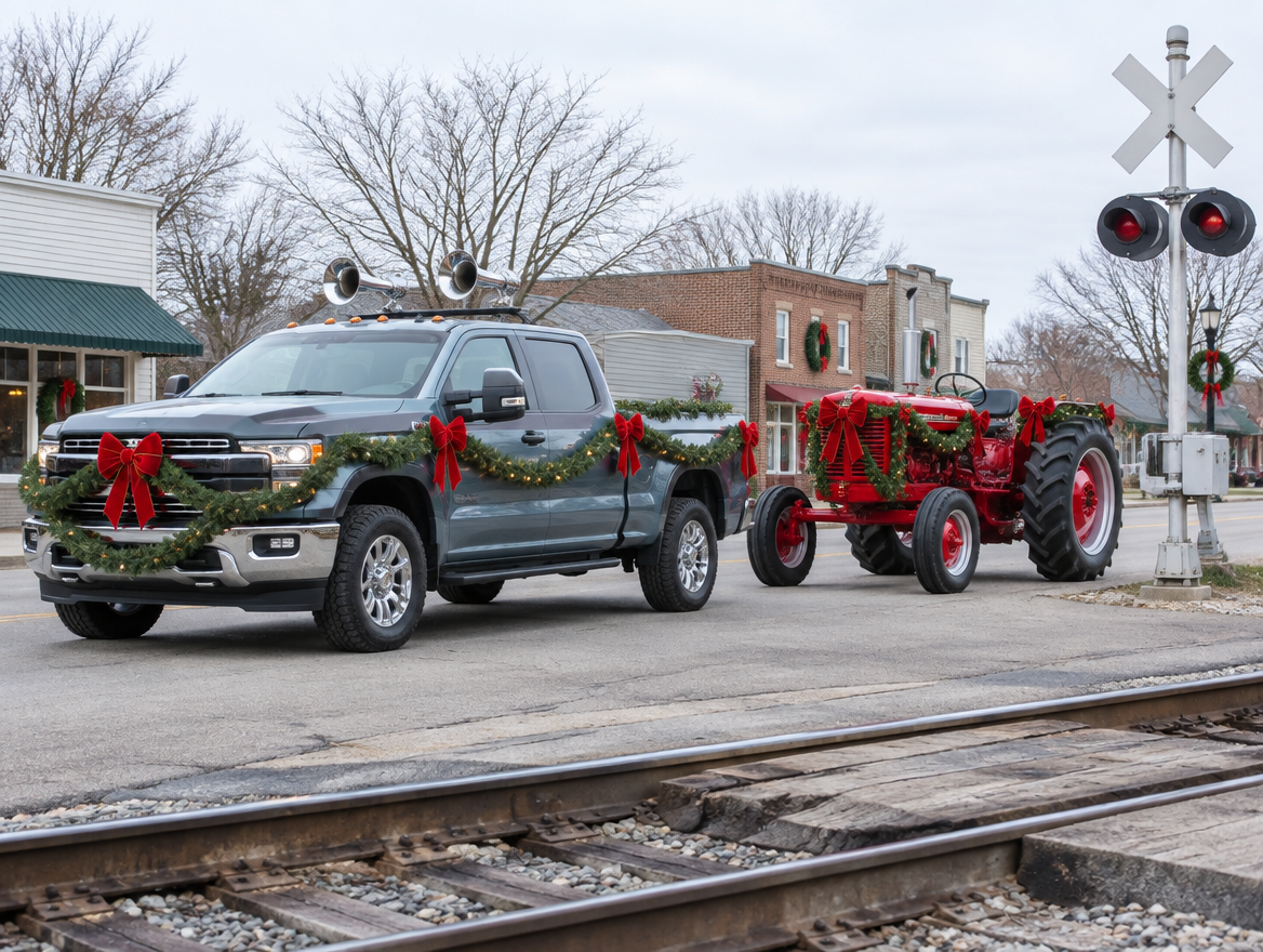 Garland-wrapped pickup and tractor with string lights parked near a railroad crossing with a crossbuck on an overcast day.
