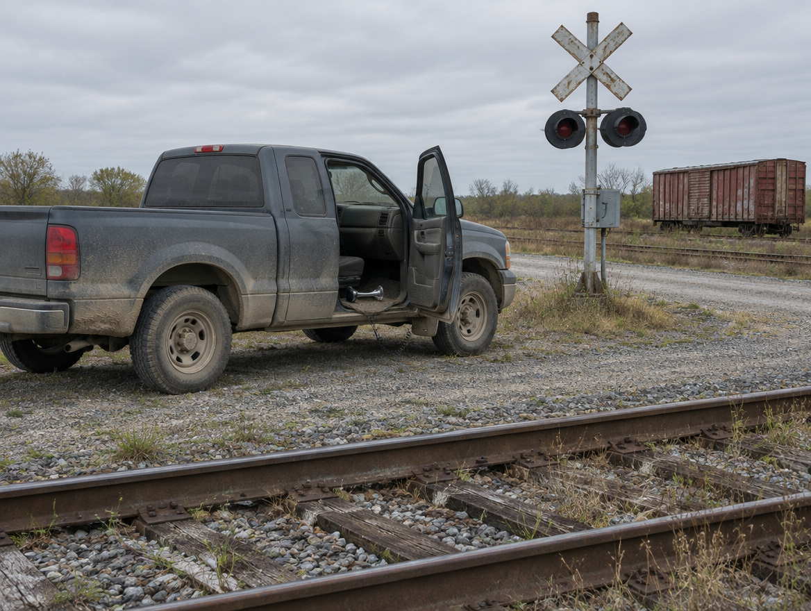 A dusty pickup with its door open at a rural level crossing, a cord running from the cab to a small chrome air horn.