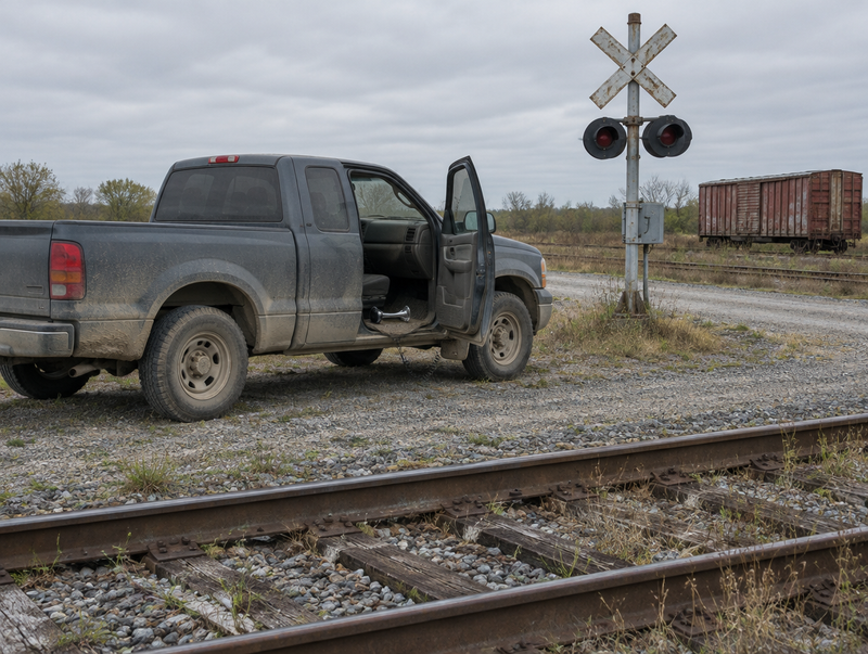 A dusty pickup with its door open at a rural level crossing, a cord running from the cab to a small chrome air horn.