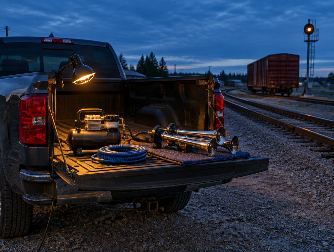 Pickup truck tailgate at dusk beside a rail yard, with an air compressor and chrome train horn lit by a work lamp.