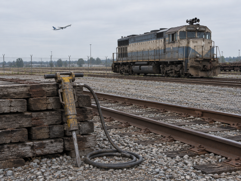 A jackhammer leans on old sleepers beside rails in a rail yard, with a parked locomotive and a jet climbing overhead.